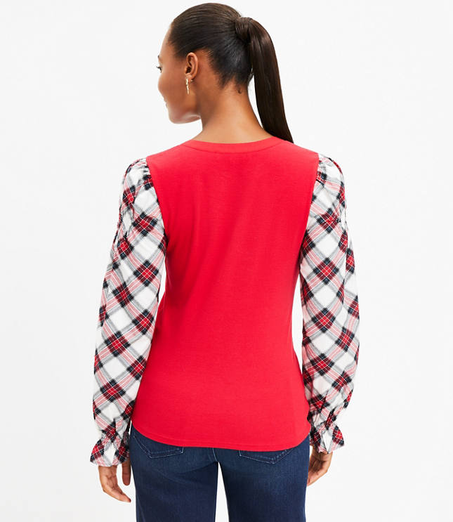 Plaid Henley Mixed Media Top