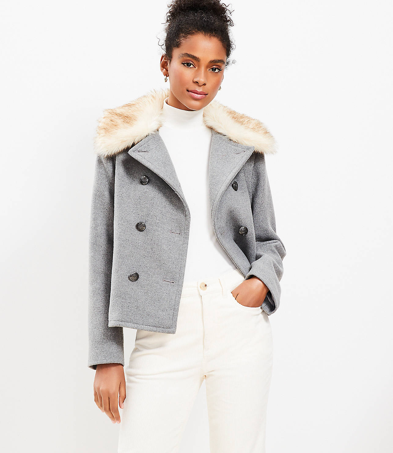 Petite Melange Faux Fur Collar Doublecloth Jacket