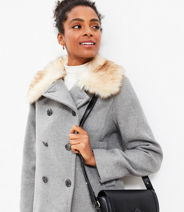 Petite Melange Faux Fur Collar Doublecloth Jacket