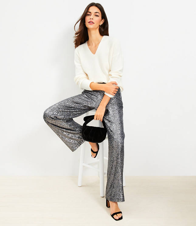 Petite Side Zip Wide Leg Pants in Sequin