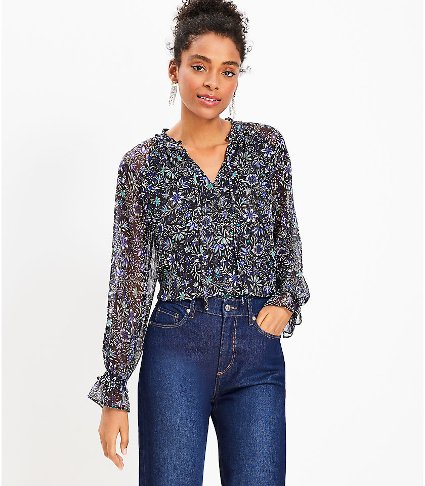 Shimmer Floral Ruffle Tie Neck Blouse