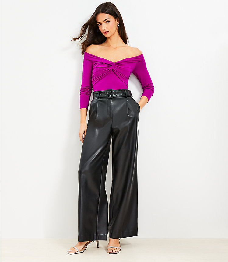 Belted Wide Leg Pants in Faux Leather image number 1
