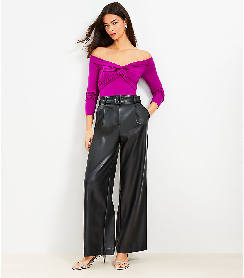 Belted Wide Leg Pants in Faux Leather
