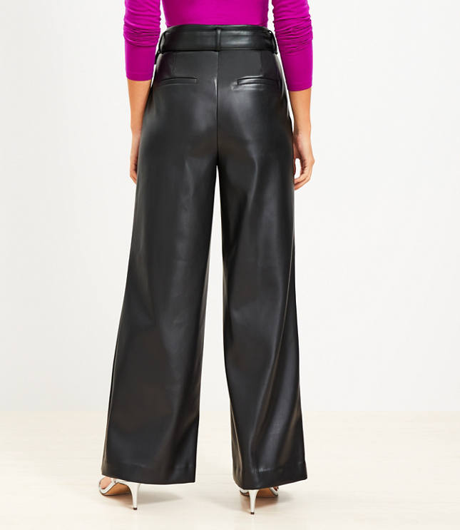 Belted Wide Leg Pants in Faux Leather