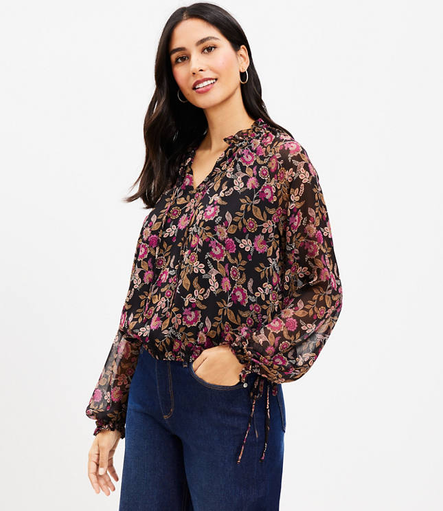 Floral Side Tie Hem Blouse - 002222