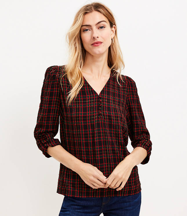 Shimmer Plaid Shirred V-Neck Blouse