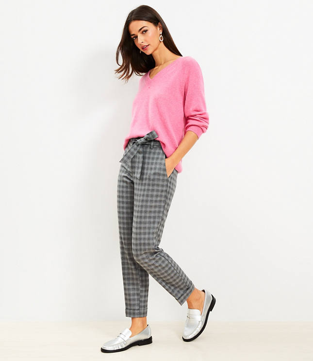 Tie Waist Devin Slim Pants in Shimmer Plaid