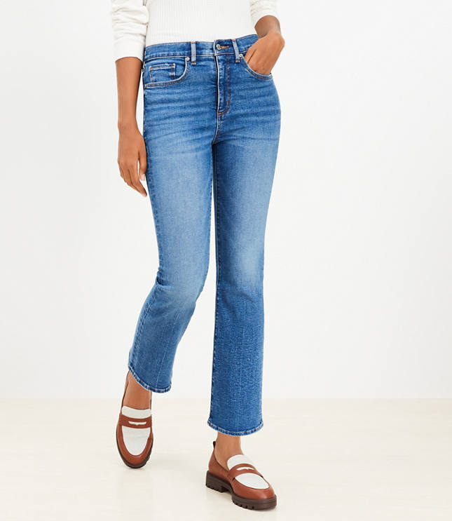 Petite High Rise Kick Crop Jeans in Destructed Mid Stone Wash