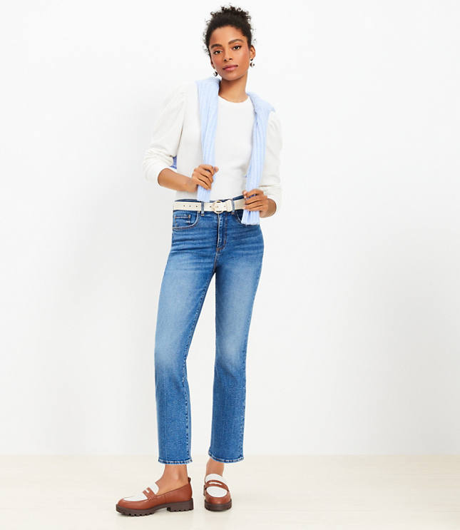 Petite High Rise Kick Crop Jeans in Destructed Mid Stone Wash