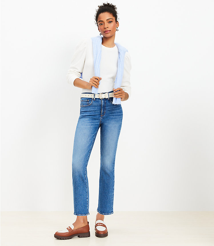 Petite High Rise Kick Crop Jeans in Destructed Mid Stone Wash image number 1