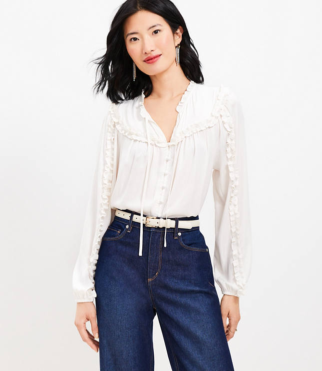 Ruffle Tie Neck Button Blouse