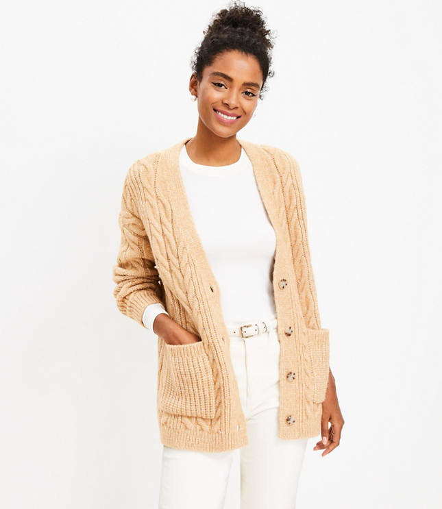 Cable Boyfriend Cardigan - Camel Heather