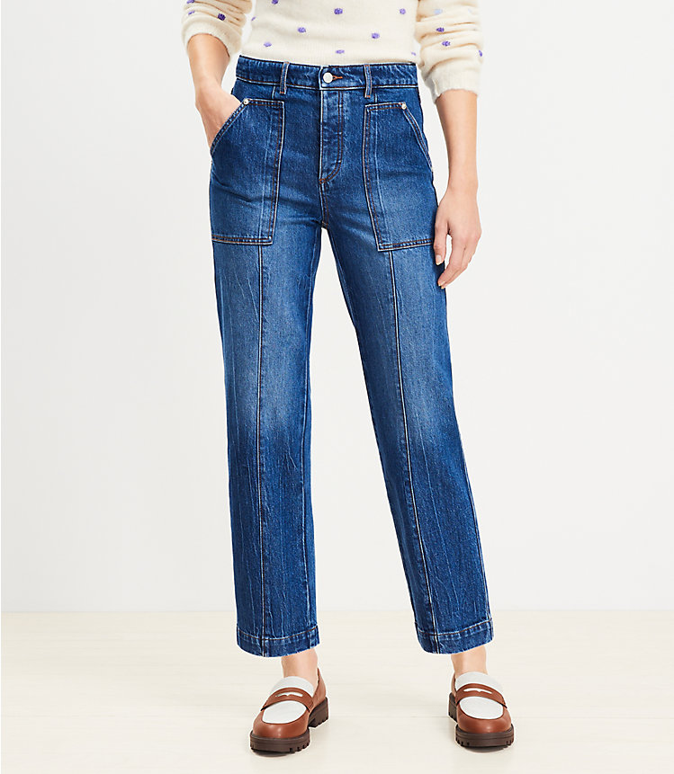Petite High Rise Utility Straight Jeans in Dark Stone Wash image number 0