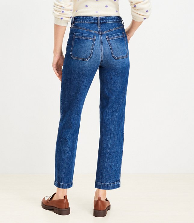 Petite High Rise Utility Straight Jeans in Dark Stone Wash