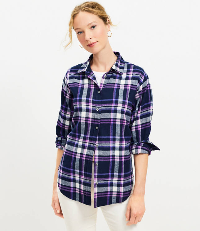 Flannel Button-Up Shirt for Tall Women in Mauve and Blue Plaid