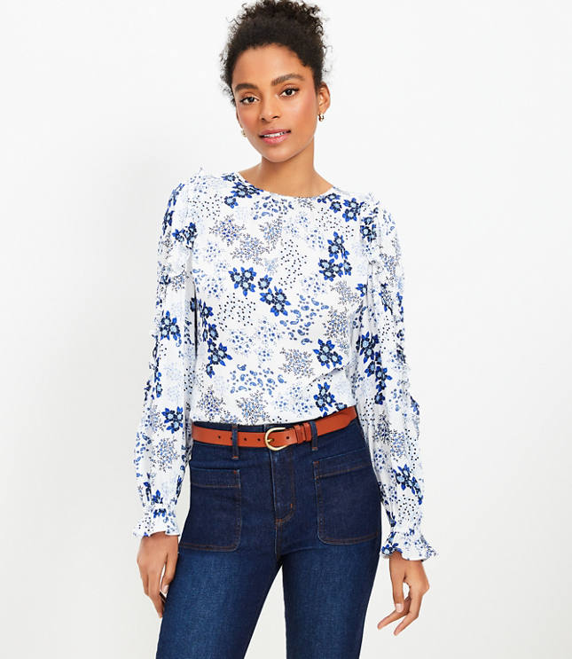 Floral Mixed Media Ruffle Sleeve Top