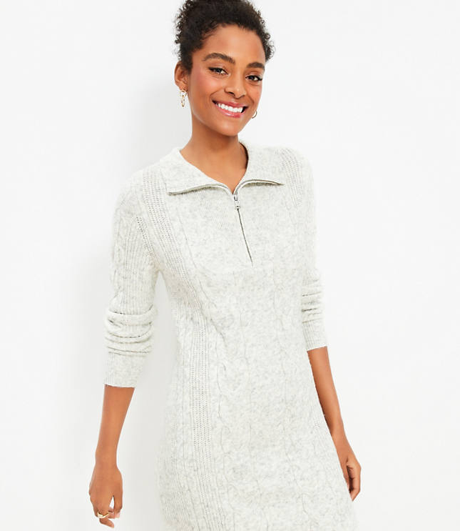 Cable Half Zip Sweater Dress - Pebble Grey Heather