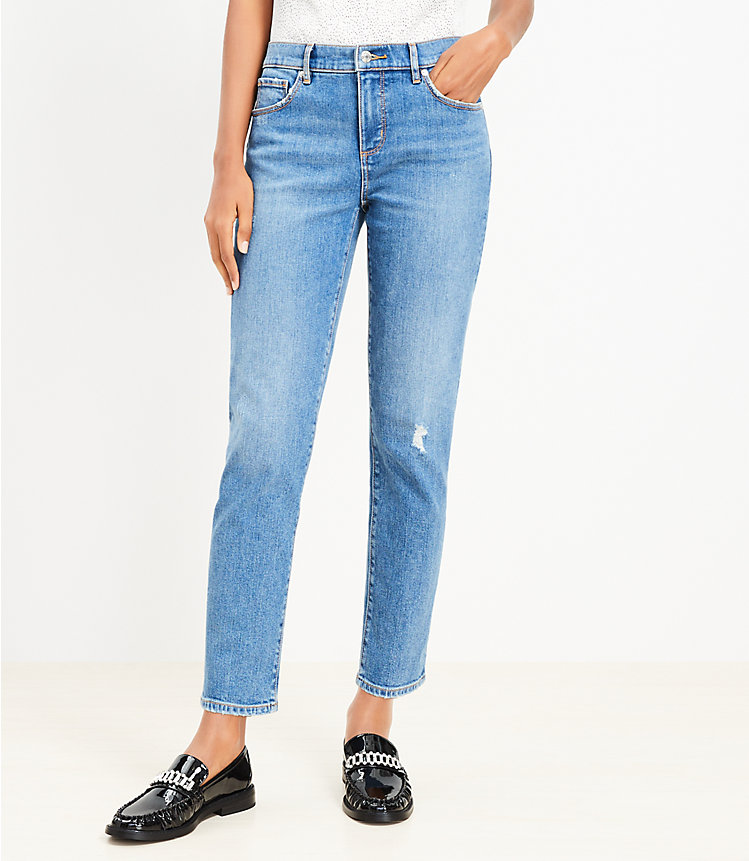 Petite Destructed Super Soft Girlfriend Jeans in Mid Stone Wash image number 0