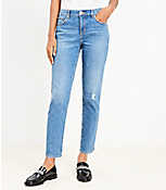 Petite Destructed Super Soft Girlfriend Jeans in Mid Stone Wash carousel Product Image 1