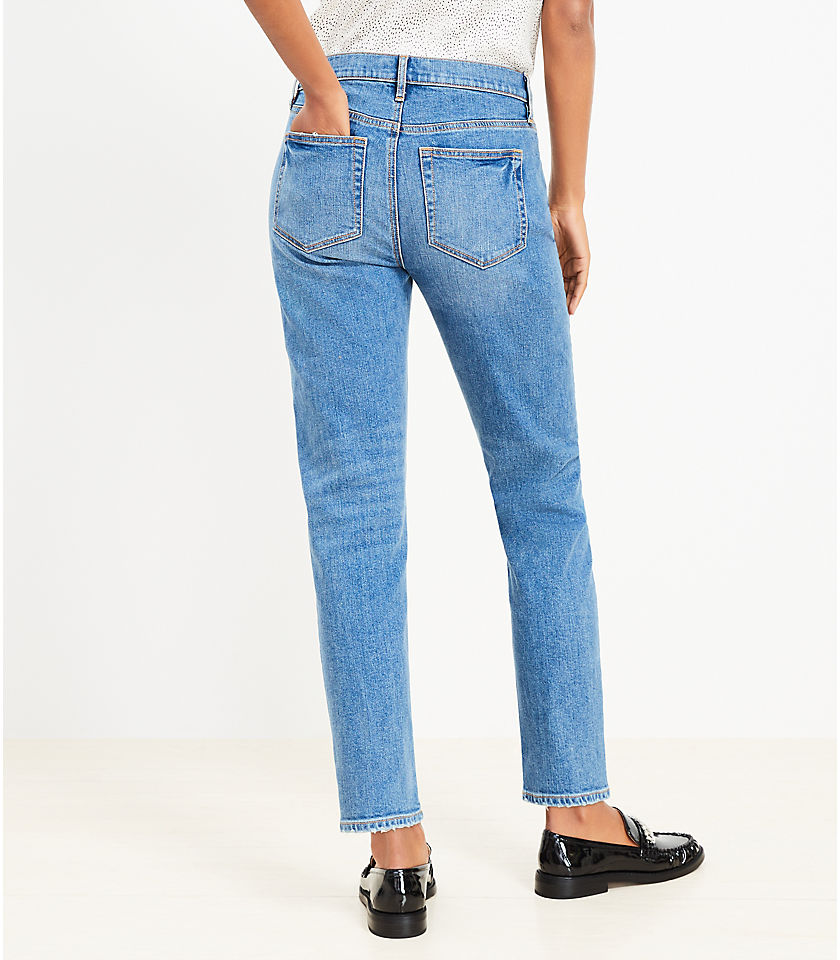Petite Destructed Super Soft Girlfriend Jeans in Mid Stone Wash