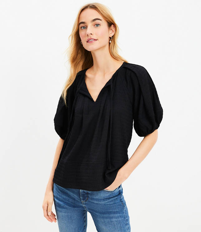 Lantern Sleeve Tie Neck Top - Black