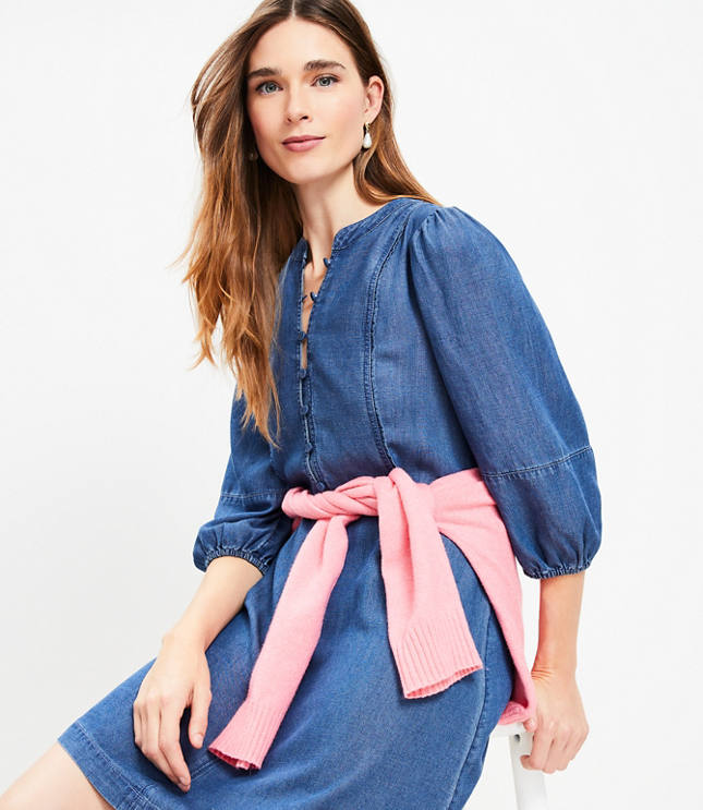 Chambray Balloon Sleeve Swing Dress