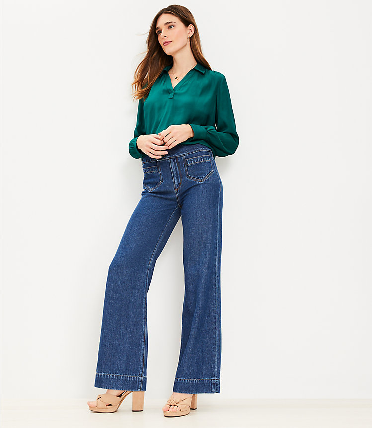 Patch Pocket High Rise Wide Leg Jeans in Dark Wash image number 1