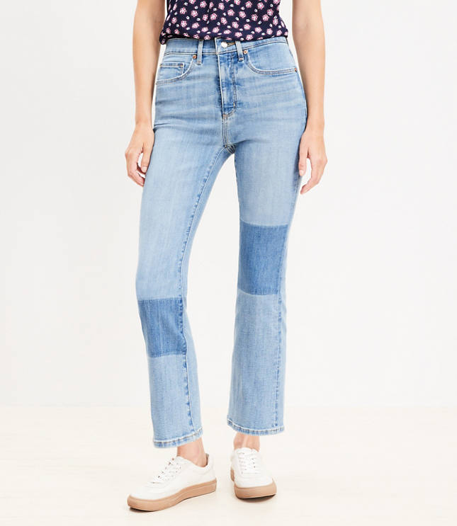 High Rise Kick Crop Jeans Destructed Mid Stone Wash