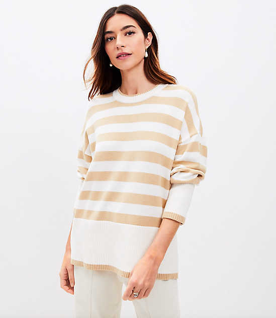 Striped Ruffle Mixed Media Tunic Sweater