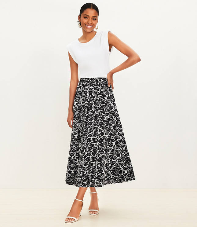 Eyelet Seamed Midi Skirt