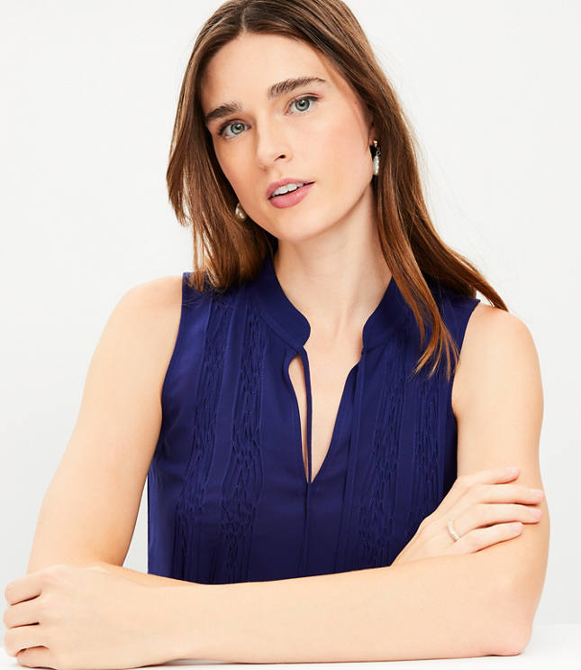 Shirred Tie Neck Mixed Media Shell