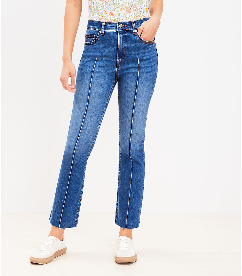 Pintucked High Rise Kick Crop Jeans in Bright Mid Indigo Wash