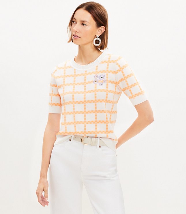 Floral Embroidered Gingham Sweater Tee
