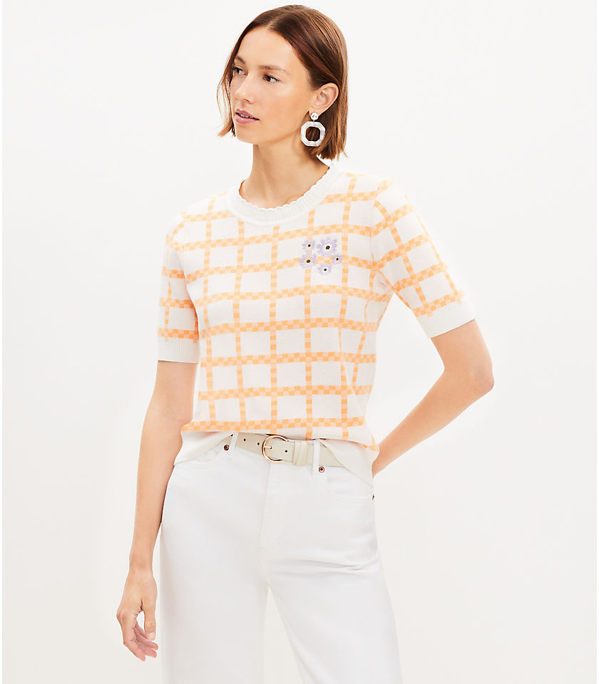 Floral Embroidered Gingham Sweater Tee