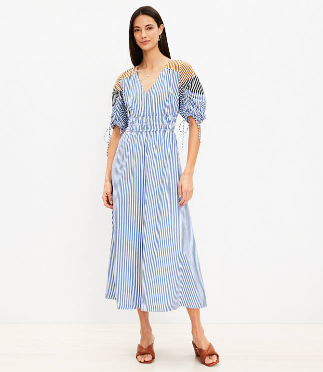 Striped Tie Puff Sleeve Midi Dress