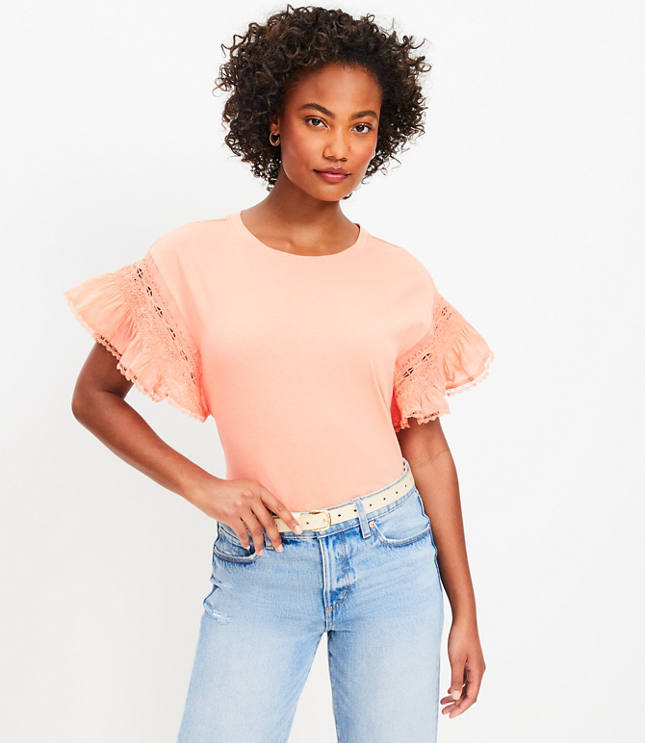 Lace Ruffle Sleeve Mixed Media Top