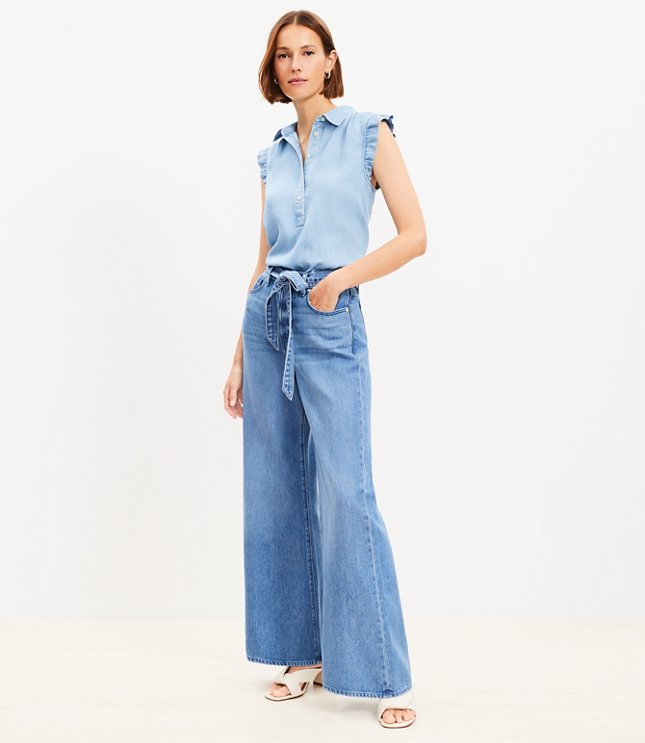 High Rise Palazzo Jeans in Mid Indigo Wash