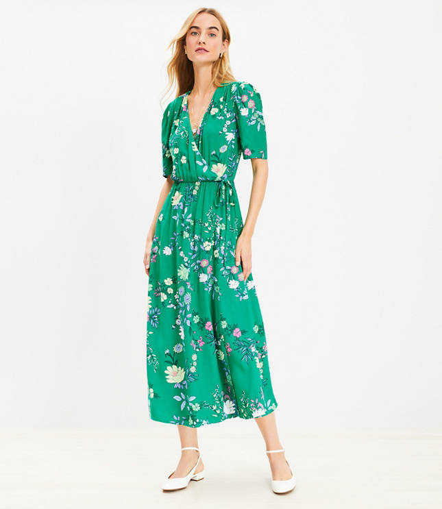 Floral Pleated Sleeve Wrap Dress