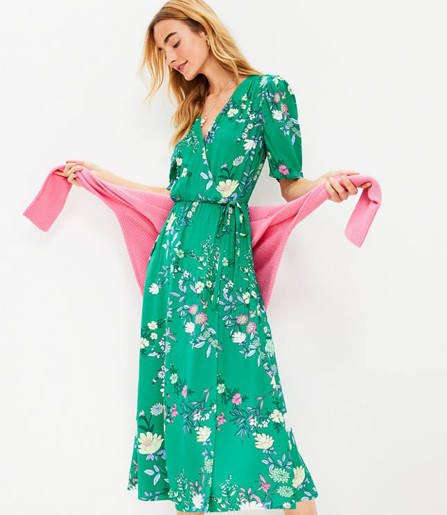 Floral Pleated Sleeve Wrap Dress