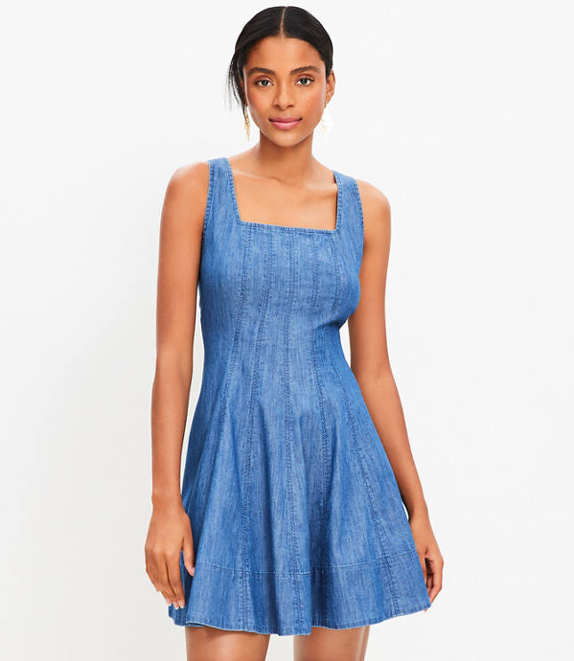 Chambray Seamed Mini Flare Dress