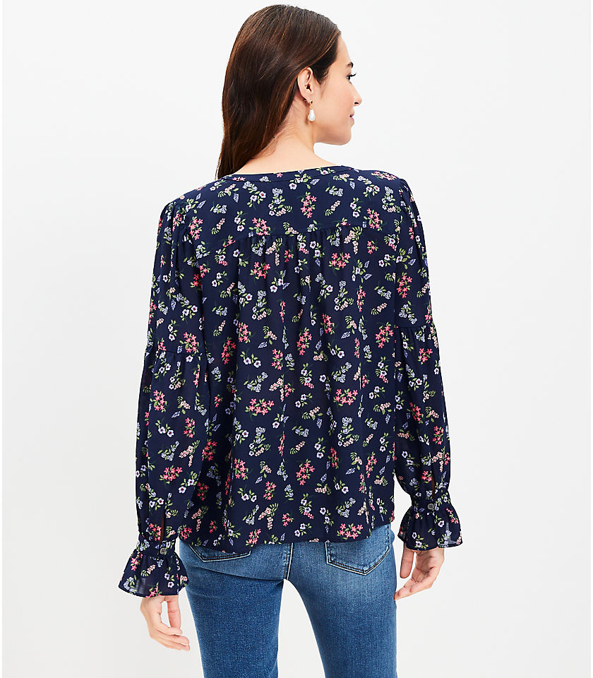 Floral Ruffle Cuff Tie Neck Blouse