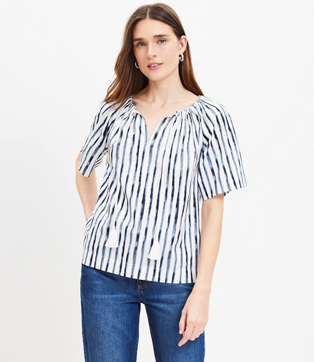 Striped Tie Front Linen Blend Shirt