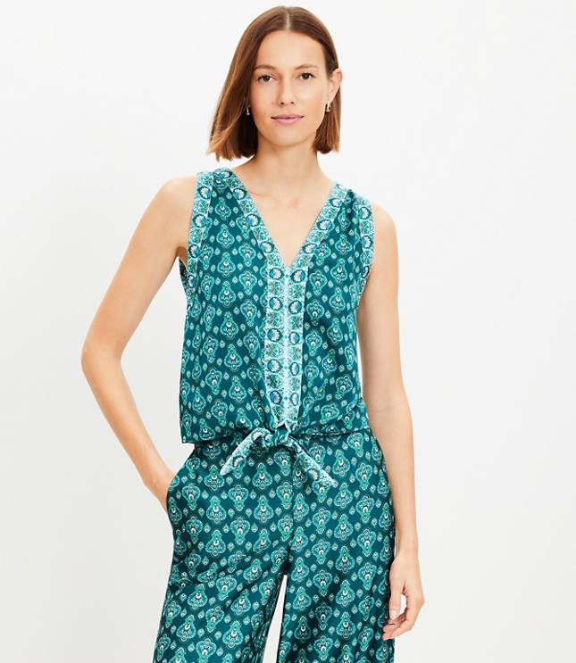 Floral Medallion Tie Front V-Neck Shell