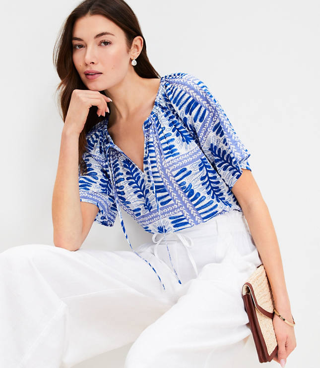 LOFT Beach Palm Tie Front Linen Top