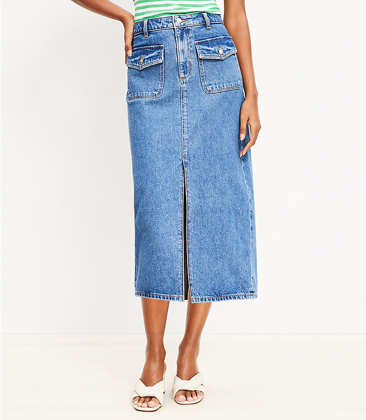 Patch Pocket Denim Midi Skirt in Classic Mid Wash image number 1
