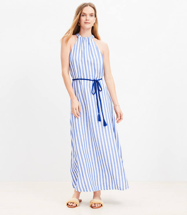 Striped Linen Blend Belted Halter Maxi Dress