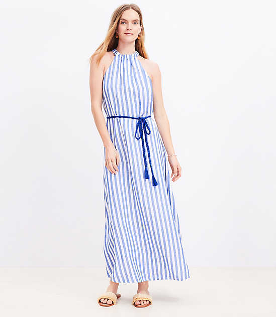 Striped Linen Blend Belted Halter Maxi Dress
