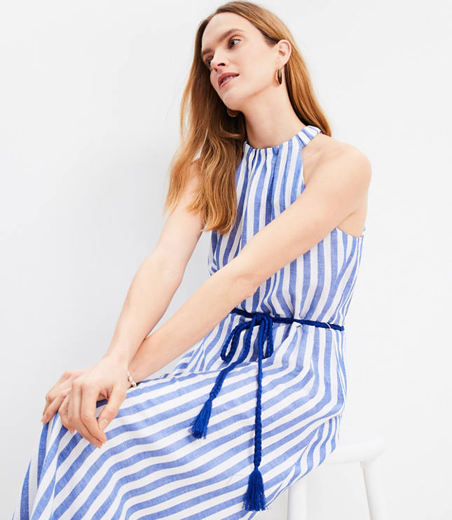 Striped Linen Blend Belted Halter Maxi Dress