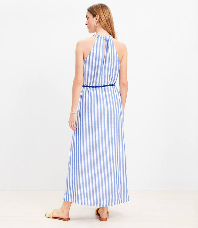 Striped Linen Blend Belted Halter Maxi Dress