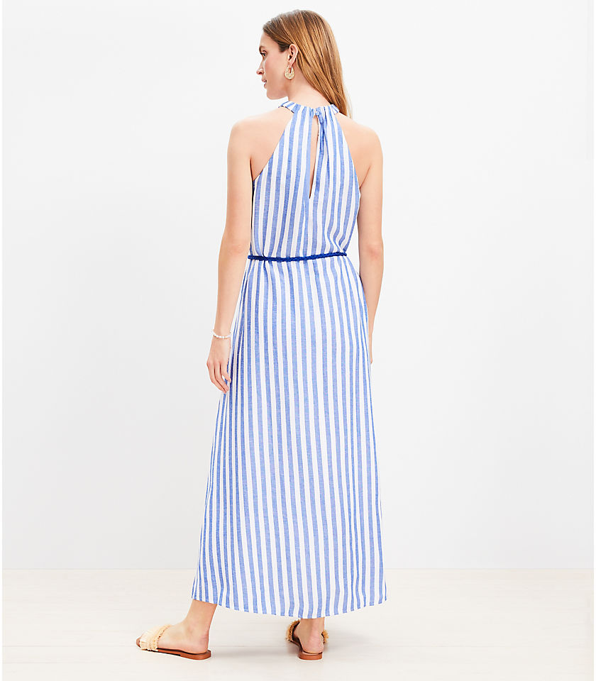 Striped Linen Blend Belted Halter Maxi Dress